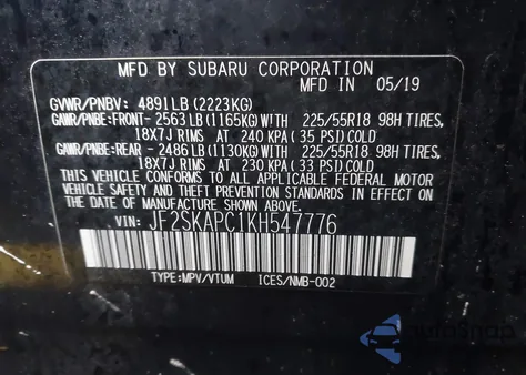 2019 Subaru Forester Sport z USA, uszkodzony, nr VIN JF2SKAPC1KH547776